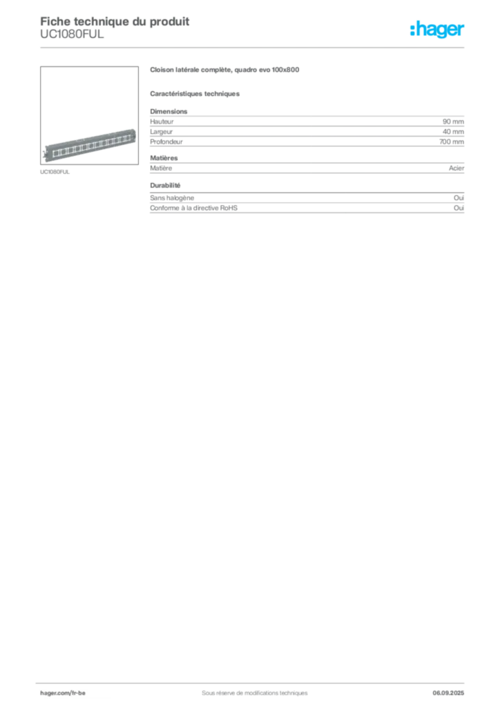 Image Hager Fiche technique du produit UC1080FUL | Hager Belgique