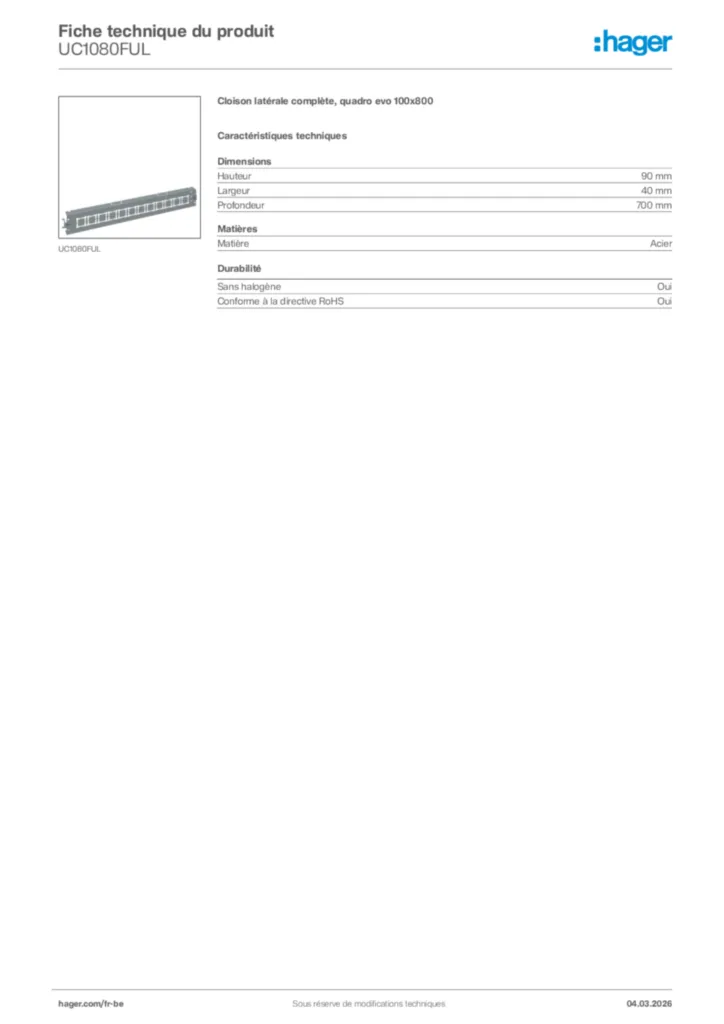 Image Hager Fiche technique du produit UC1080FUL | Hager Belgique