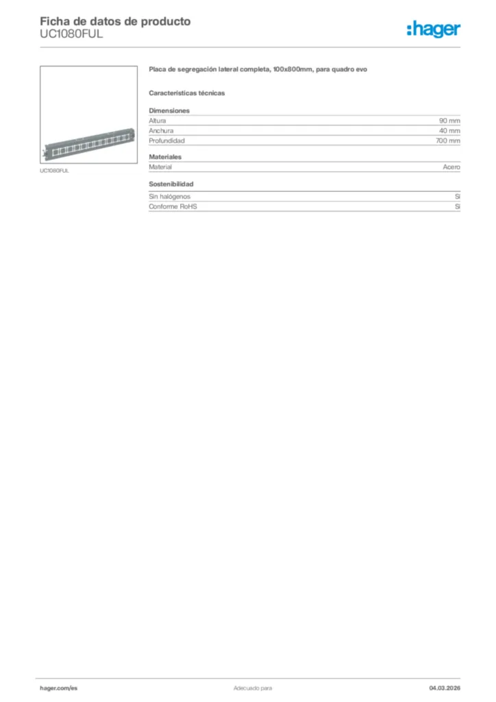 Imagen Hager Ficha de datos de producto UC1080FUL | Hager España