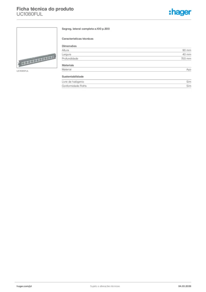 Imagem Hager Ficha técnica do produto UC1080FUL | Hager Portugal