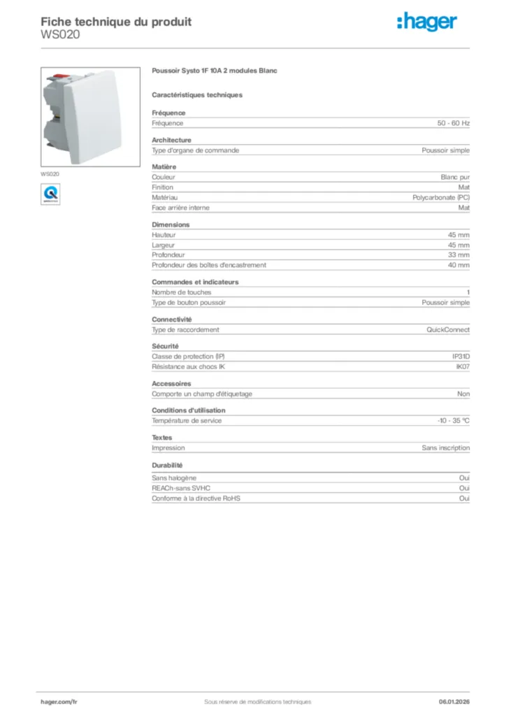 Image Hager Fiche technique du produit WS020 | Hager France