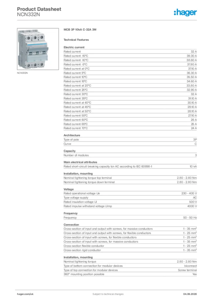 Image Hager Product data sheet NCN332N  | Hager