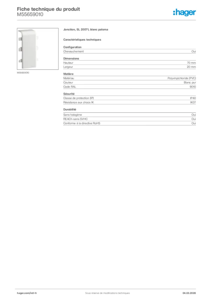 Image Hager Fiche technique du produit M55659010 | Hager Afrique