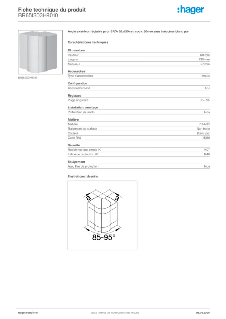 Image Hager Fiche technique du produit BR651303H9010 | Hager Suisse