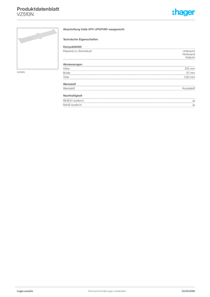 Bild Hager Produktdatenblatt VZ510N | Hager Deutschland