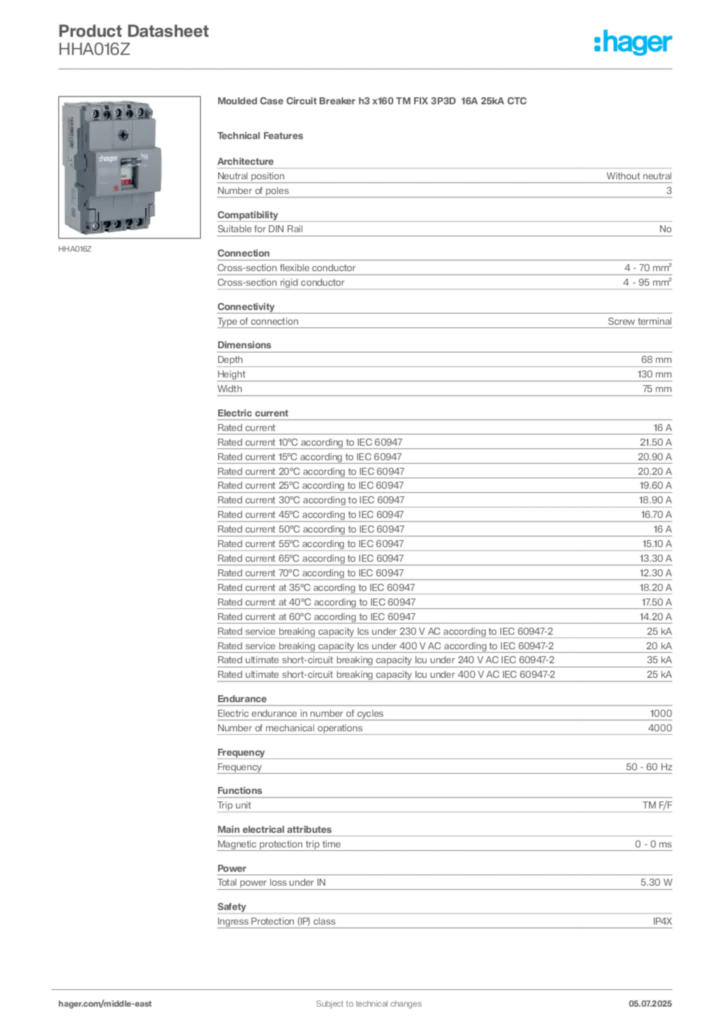 Image Hager Product data sheet HHA016Z  | Hager