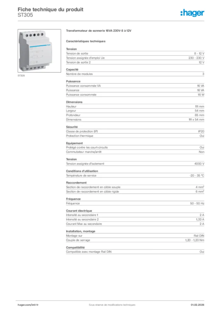 Image Hager Fiche technique du produit ST305 | Hager Afrique