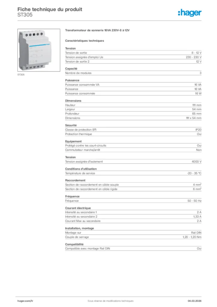 Image Hager Fiche technique du produit ST305 | Hager France