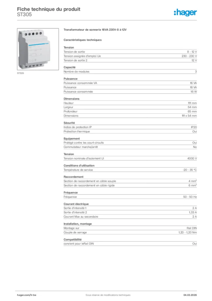 Image Hager Fiche technique du produit ST305 | Hager Belgique