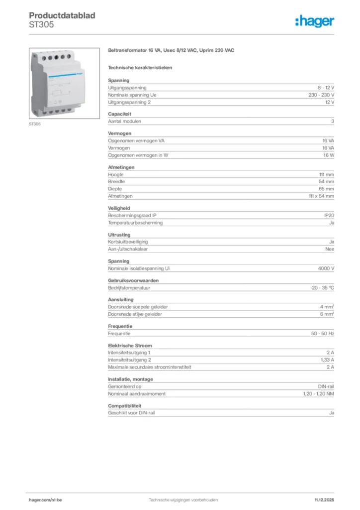 Afbeelding Hager Productdatablad ST305 | Hager Belgium