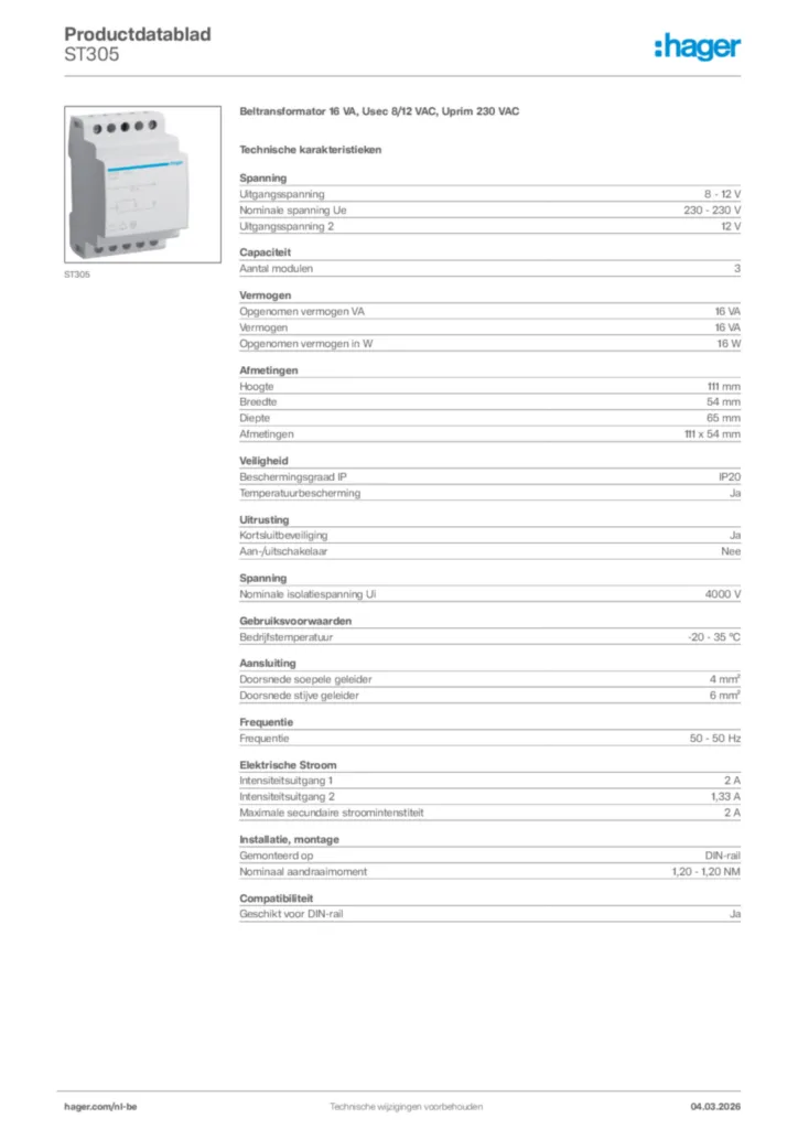 Afbeelding Hager Productdatablad ST305 | Hager Belgium