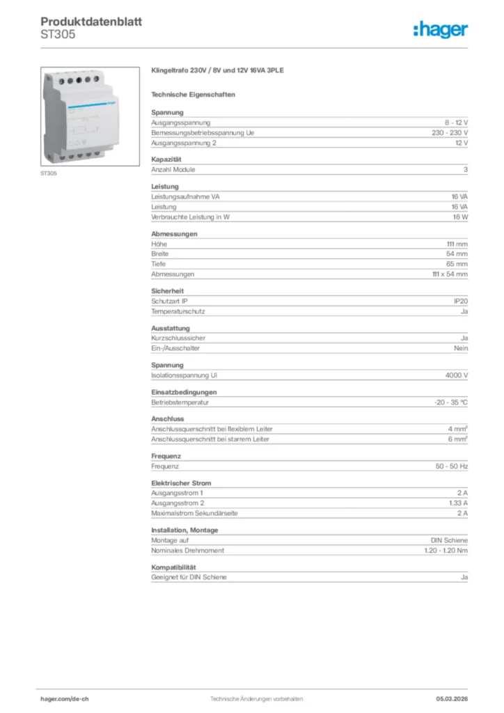 Bild Hager Produktdatenblatt ST305 | Hager Schweiz