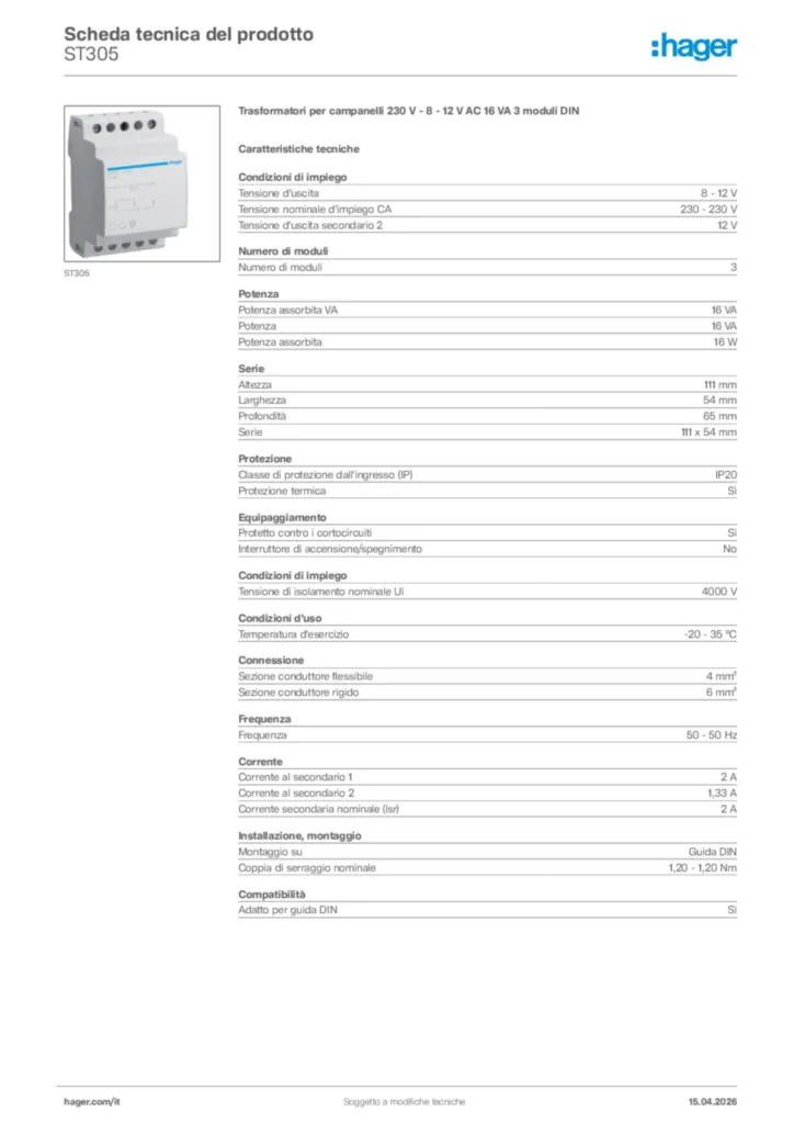 Immagine Hager Scheda tecnica del prodotto ST305 | Hager Italia