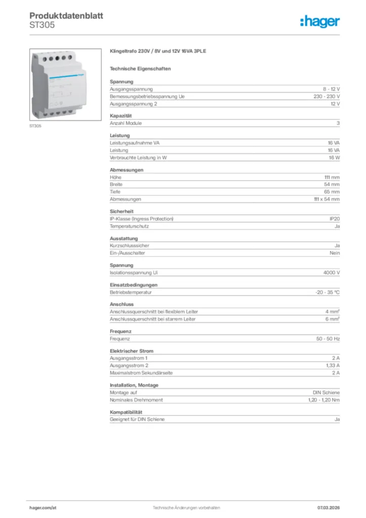 Bild Hager Produktdatenblatt ST305 | Hager Deutschland