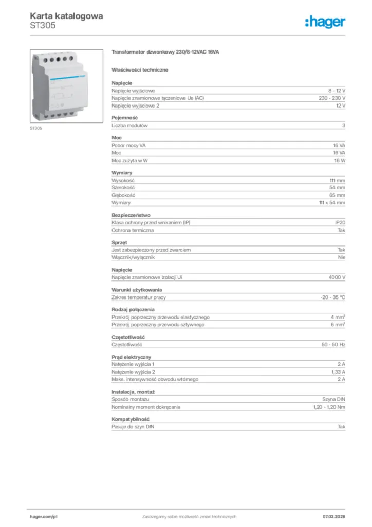 Zdjęcie Hager Karta katalogowa ST305 | Hager Polska