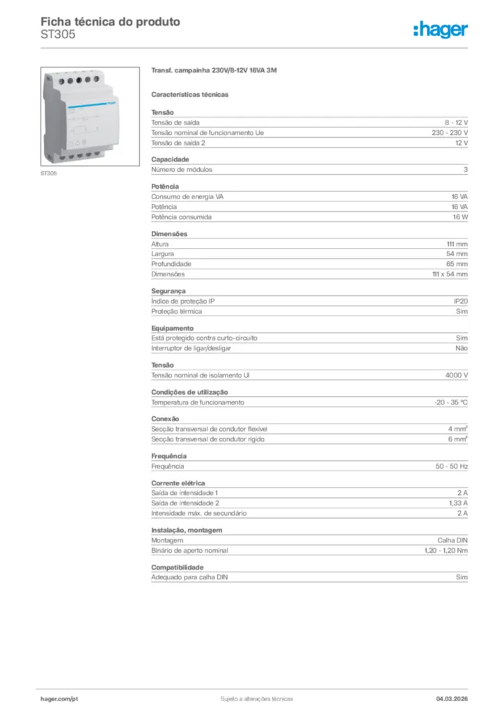 Imagem Hager Ficha técnica do produto ST305 | Hager Portugal