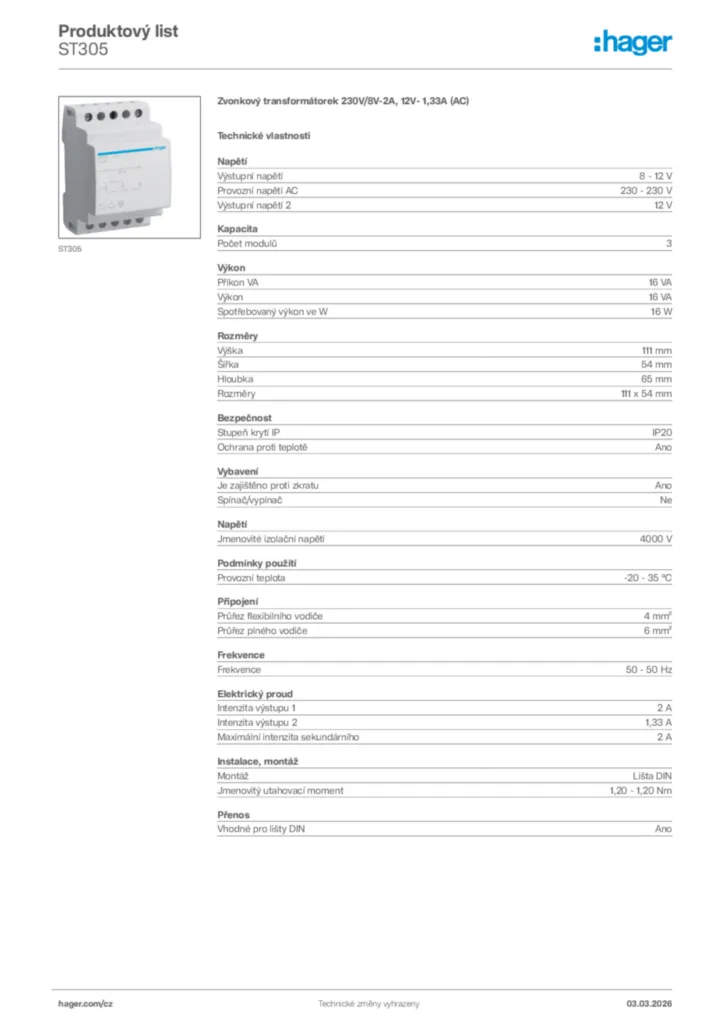 Obrázek Hager Product data sheet ST305 | Hager