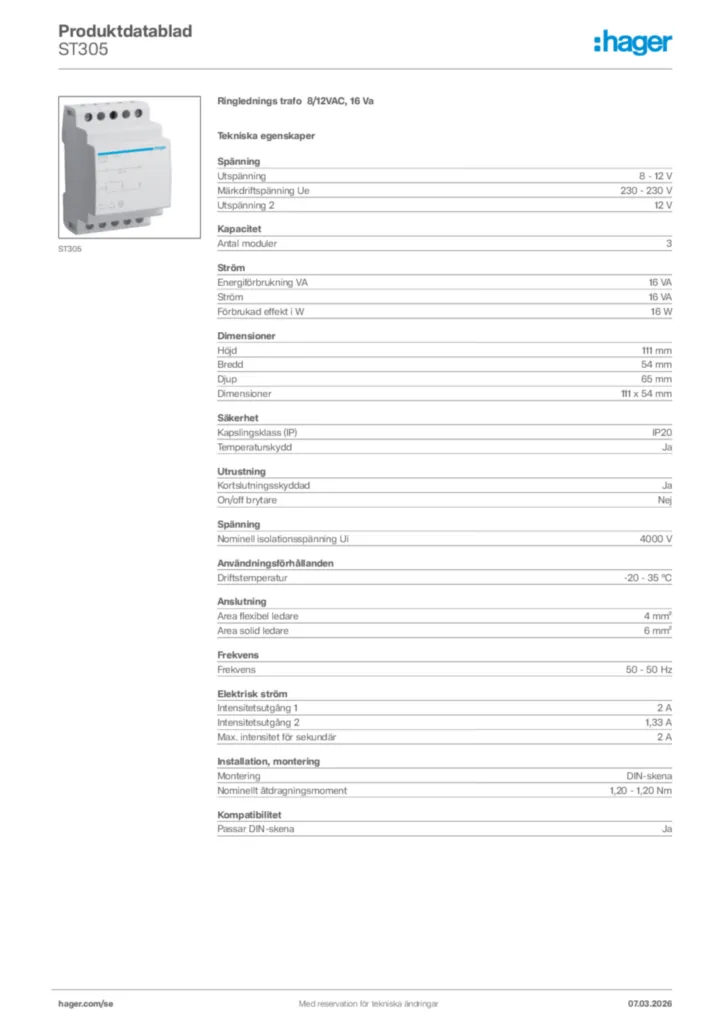 Bild Hager Produktdatablad ST305 | Hager Sverige