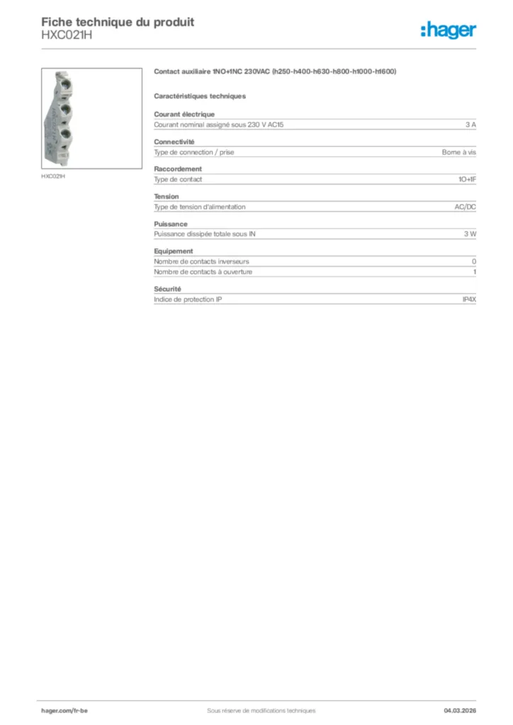 Image Hager Fiche technique du produit HXC021H | Hager Belgique