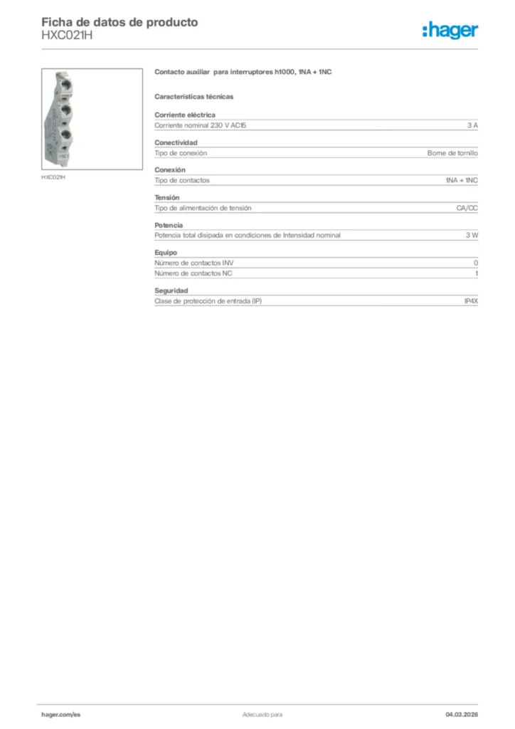 Imagen Hager Ficha de datos de producto HXC021H | Hager España