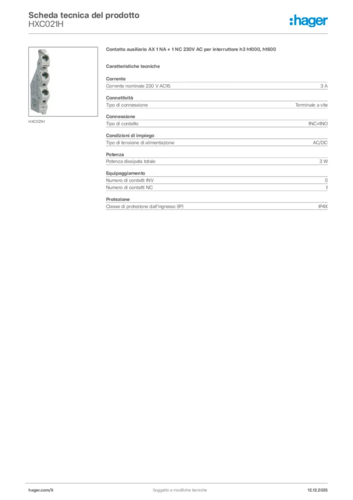 Immagine Hager Scheda tecnica del prodotto HXC021H | Hager Italia