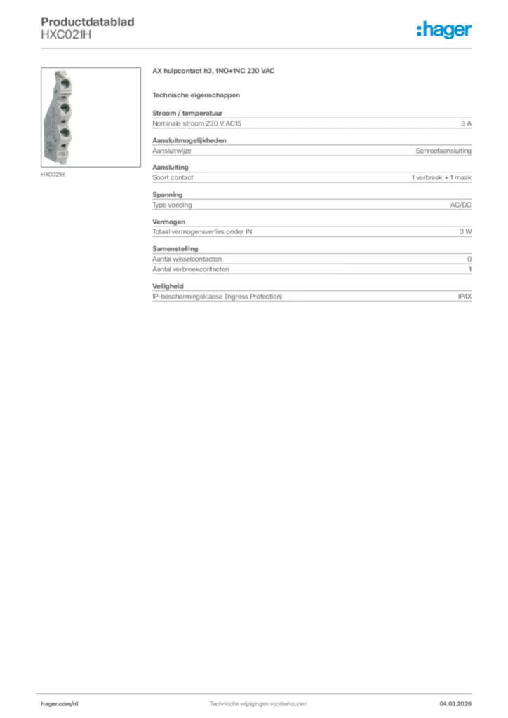 Afbeelding Hager Productdatablad HXC021H | Hager Nederland