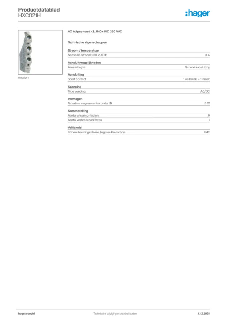 Afbeelding Hager Productdatablad HXC021H | Hager Nederland