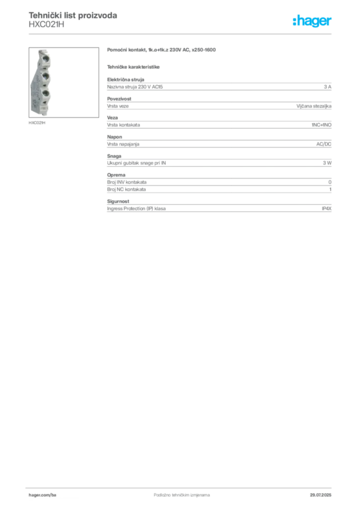 Slika Hager Product data sheet HXC021H  | Hager