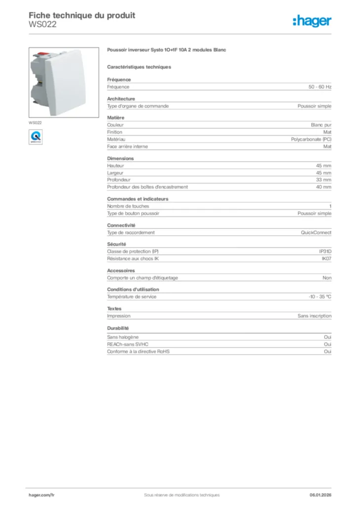 Image Hager Fiche technique du produit WS022 | Hager France