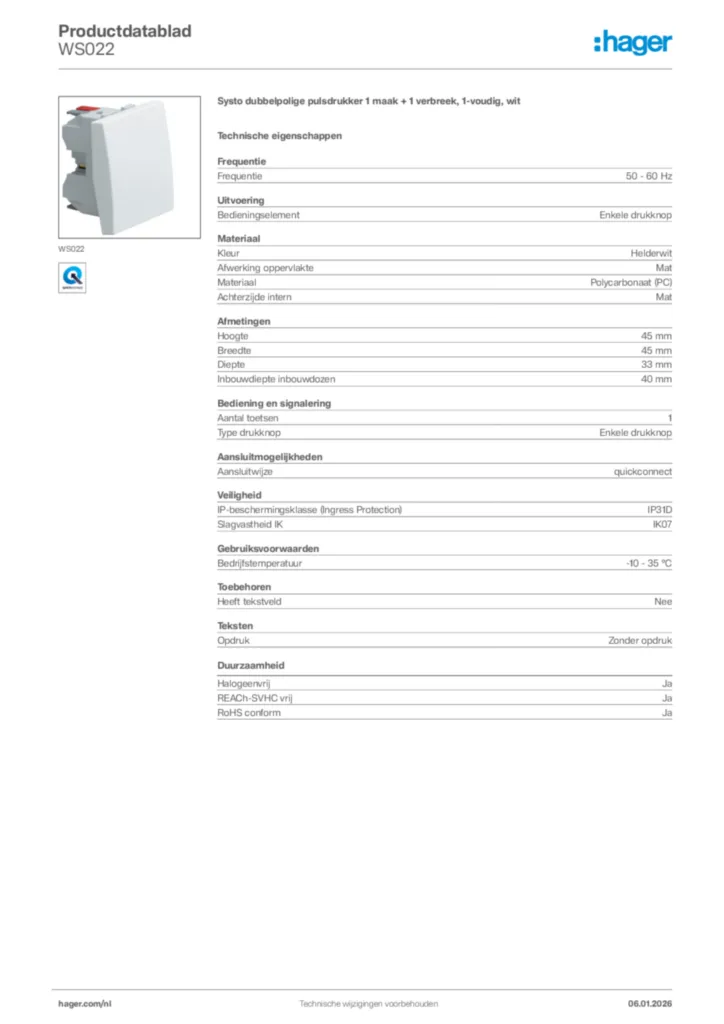 Afbeelding Hager Productdatablad WS022 | Hager Nederland