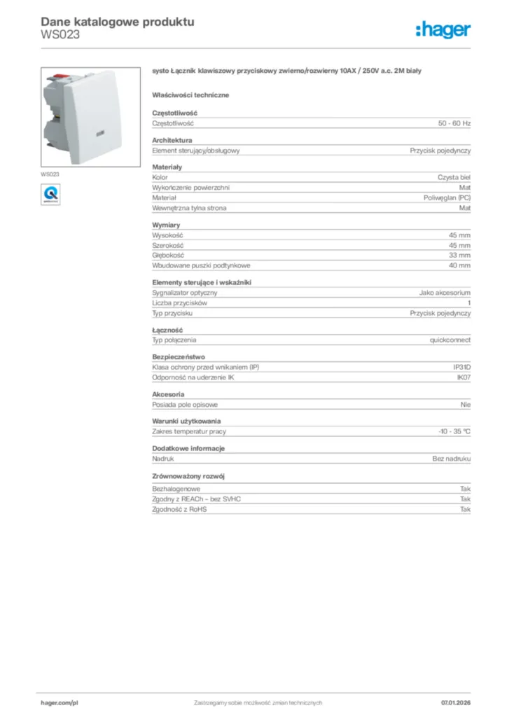 Zdjęcie Hager Karta katalogowa WS023 | Hager Polska