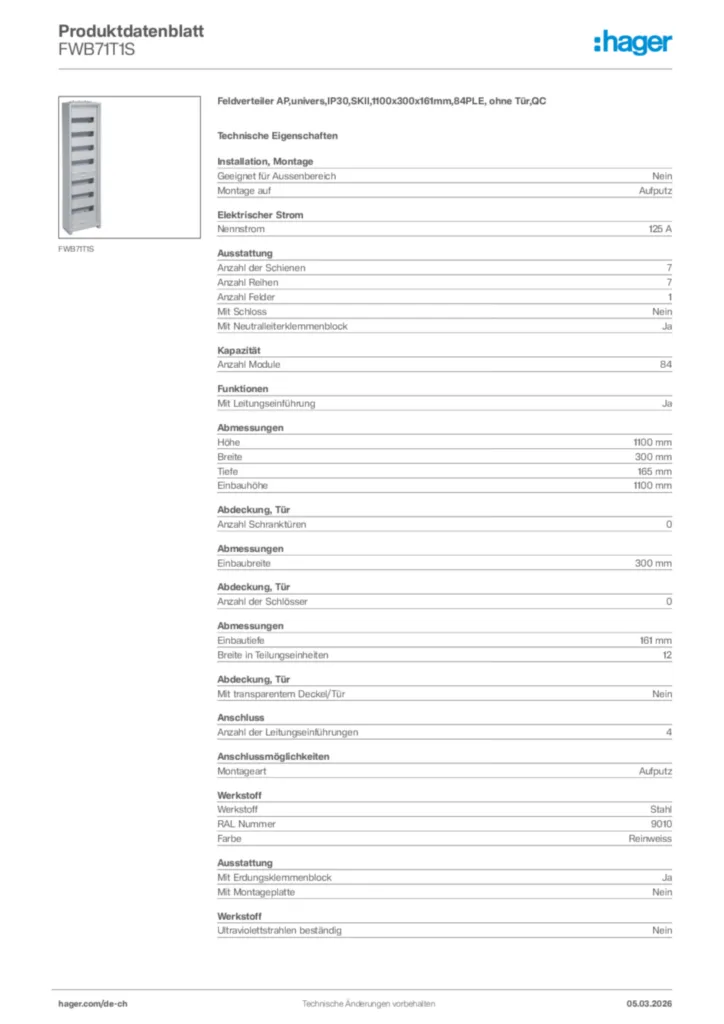 Bild Hager Produktdatenblatt FWB71T1S | Hager Schweiz