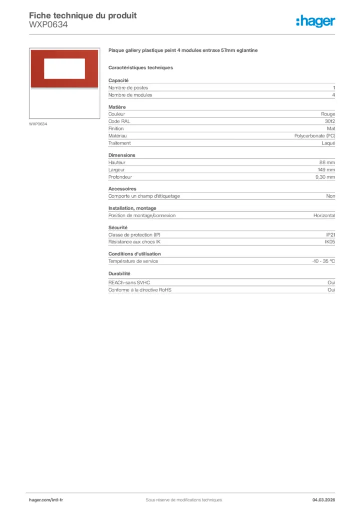 Image Hager Fiche technique du produit WXP0634 | Hager Afrique