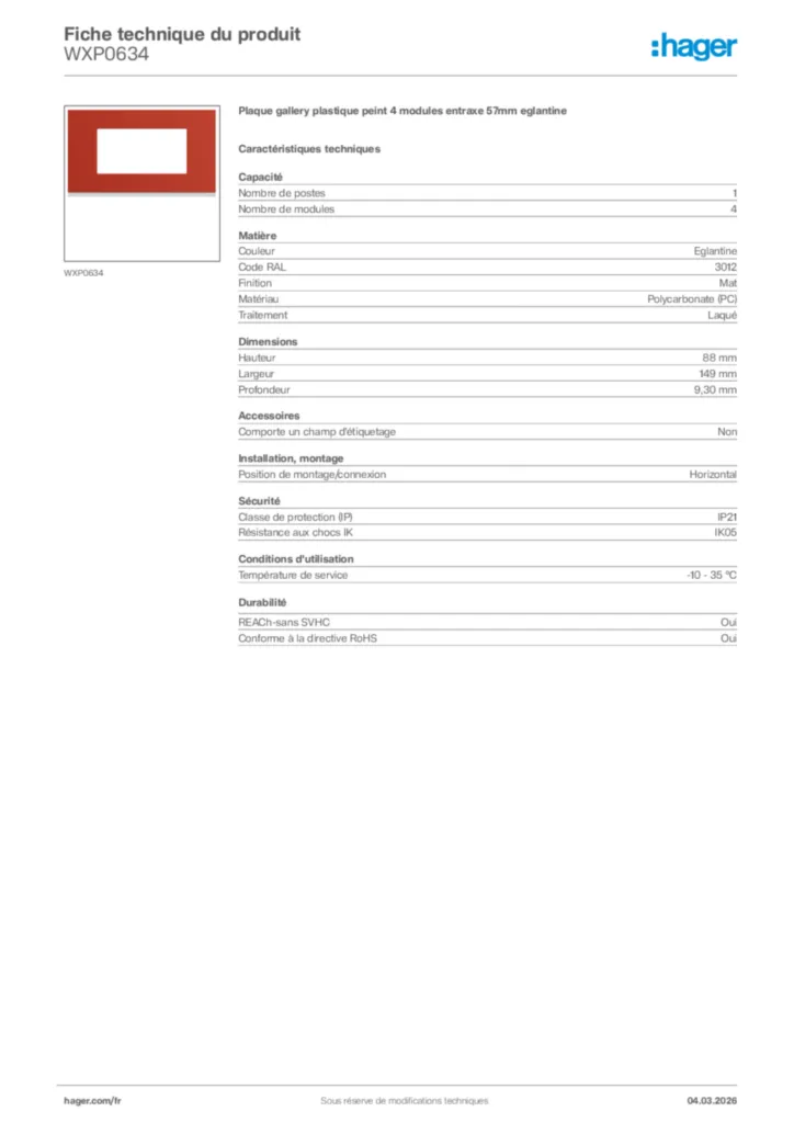 Image Hager Fiche technique du produit WXP0634 | Hager France
