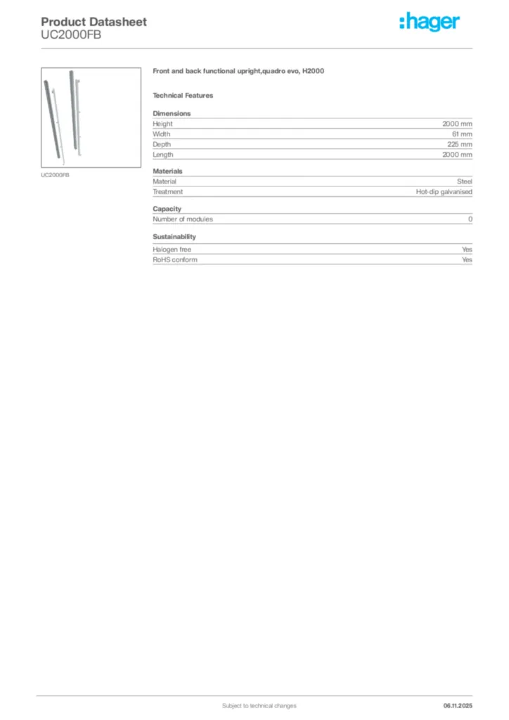 Image Hager Product data sheet UC2000FB  | Hager Africa