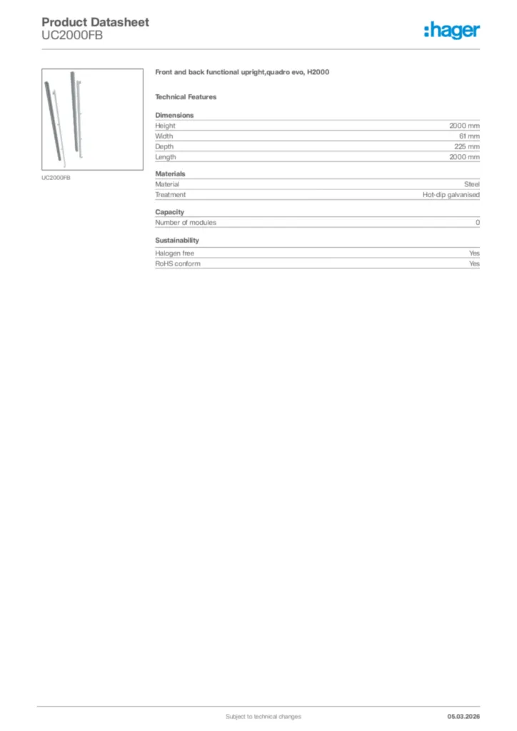 Image Hager Product data sheet UC2000FB  | Hager Africa