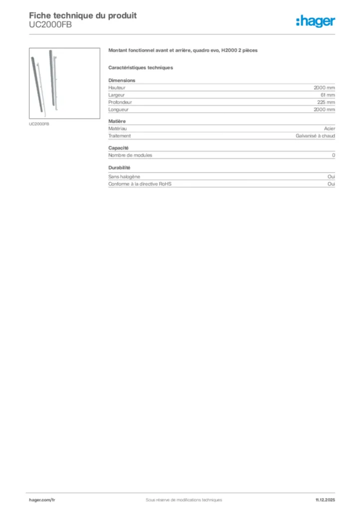 Image Hager Fiche technique du produit UC2000FB | Hager France