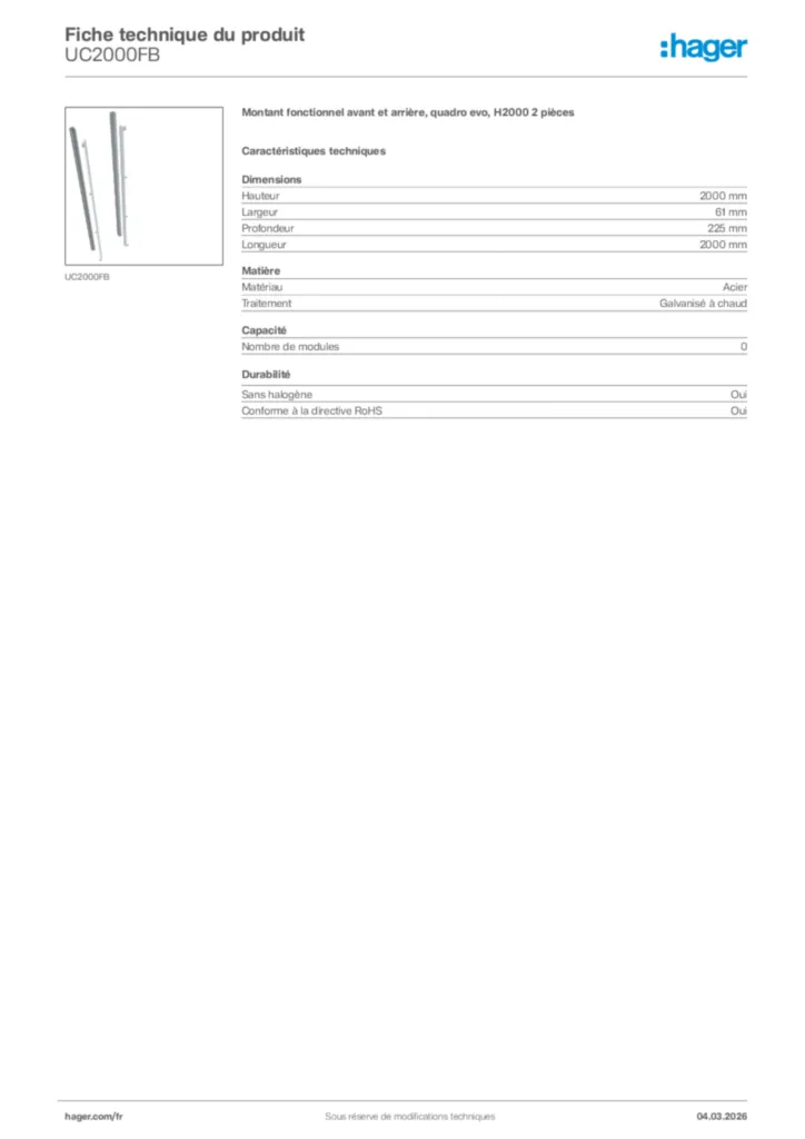 Image Hager Fiche technique du produit UC2000FB | Hager France