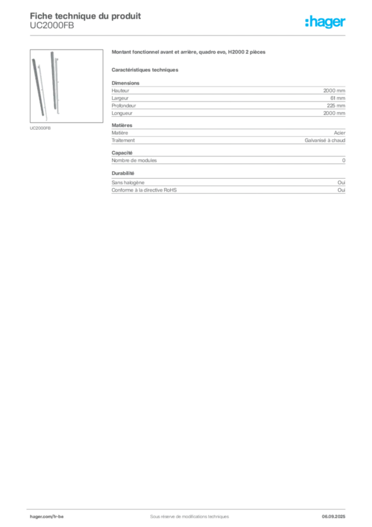 Image Hager Fiche technique du produit UC2000FB | Hager Belgique