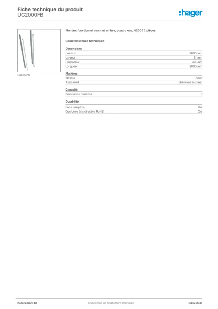 Image Hager Fiche technique du produit UC2000FB | Hager Belgique