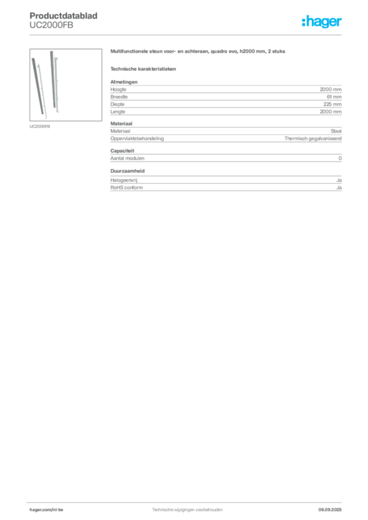 Afbeelding Hager Productdatablad UC2000FB | Hager Belgium