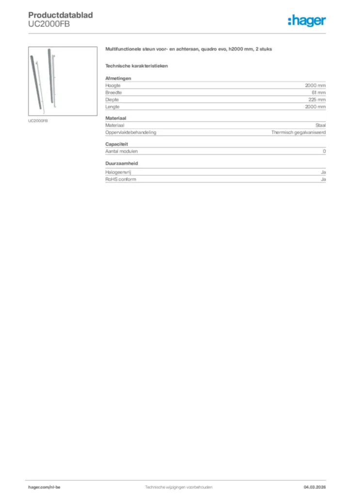 Afbeelding Hager Productdatablad UC2000FB | Hager Belgium