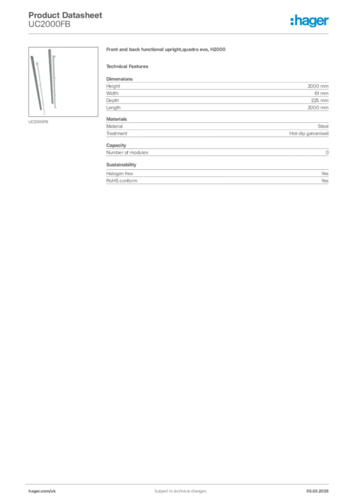 Image Hager Product data sheet UC2000FB  | Hager