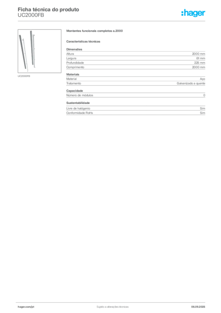Imagem Hager Ficha técnica do produto UC2000FB | Hager Portugal