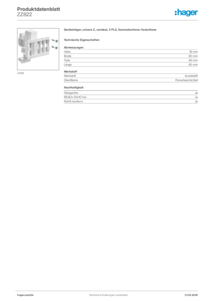 Bild Hager Produktdatenblatt ZZ822 | Hager Deutschland
