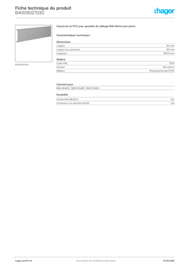 Image Hager Fiche technique du produit B4008027030 | Hager Suisse