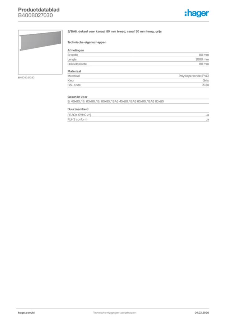 Afbeelding Hager Productdatablad B4008027030 | Hager Nederland