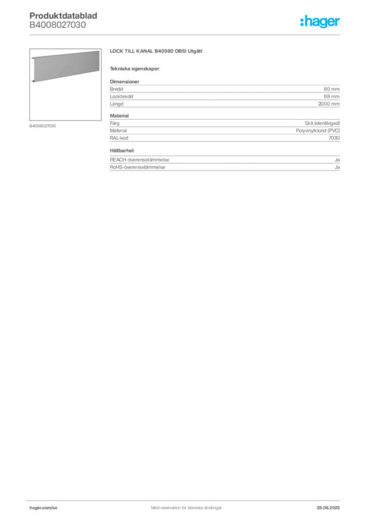 Bild Hager Produktdatablad B4008027030 | Hager Sverige