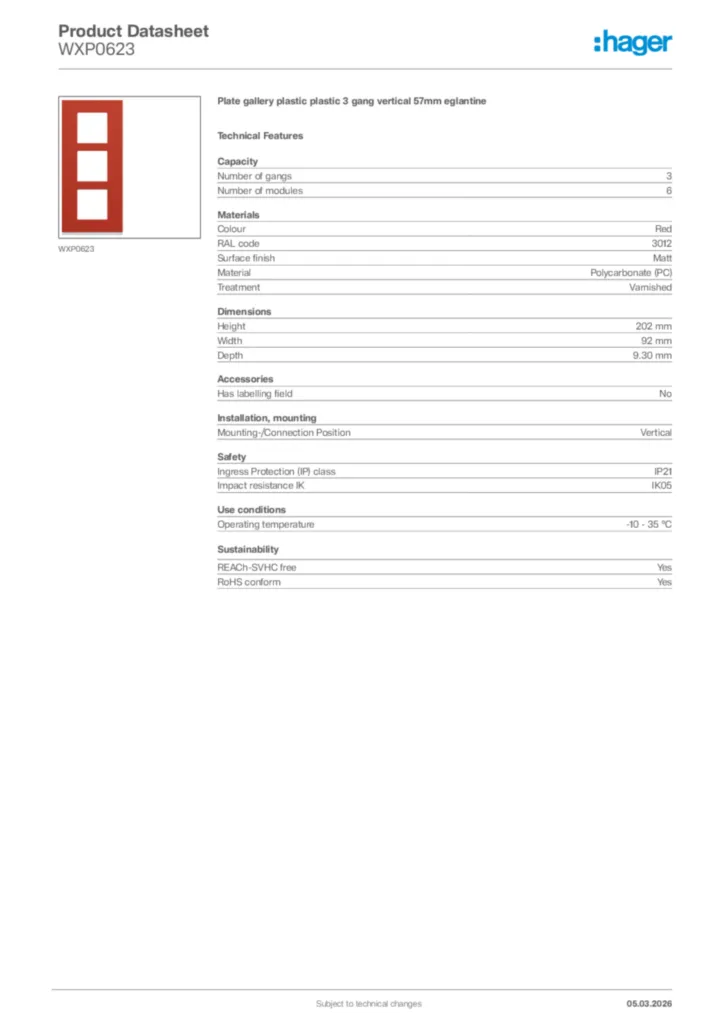 Image Hager Product data sheet WXP0623  | Hager Africa