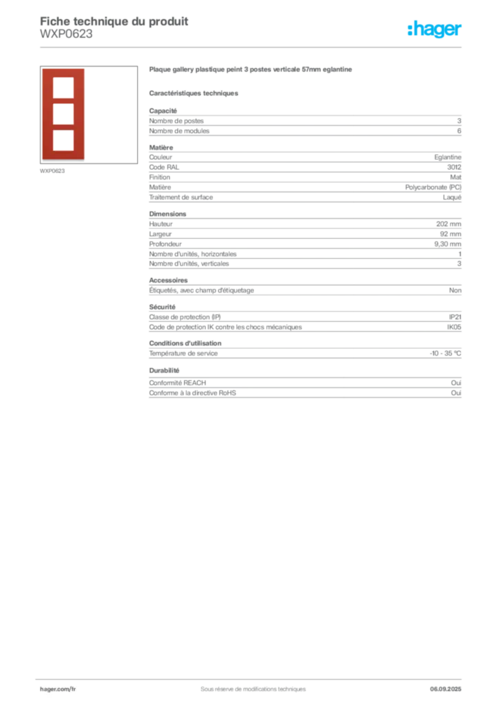 Image Hager Fiche technique du produit WXP0623 | Hager France